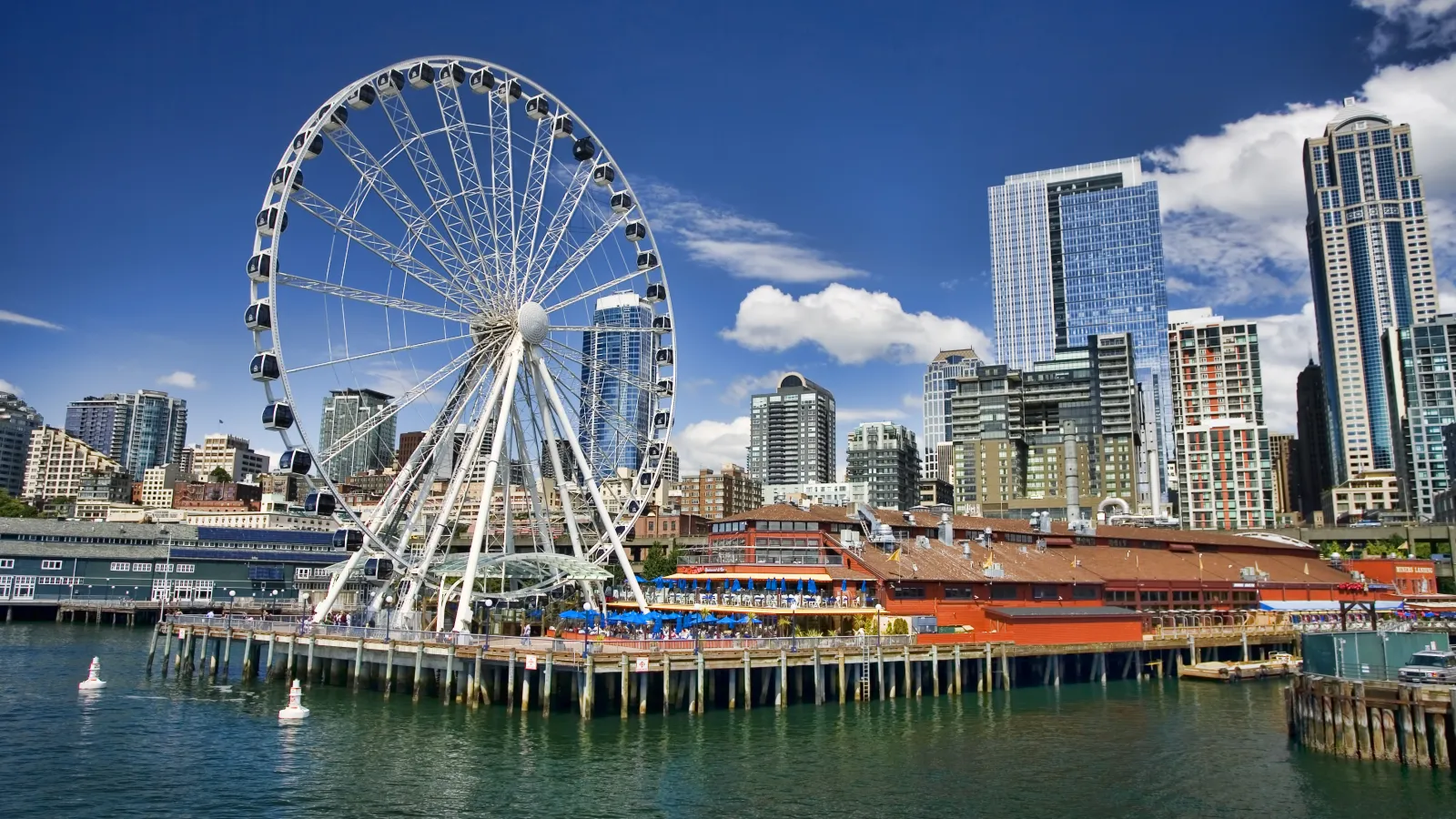 Seattle waterfront ferris wheel and skyline at sunset